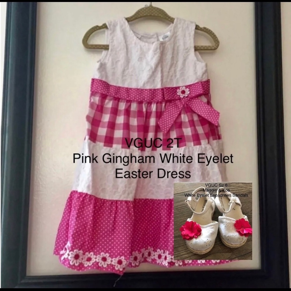 VGUC 2T Pink Patchwork Gingham Eyelet Daisy Dress & VGUC Infant Sz 6 Espadrille